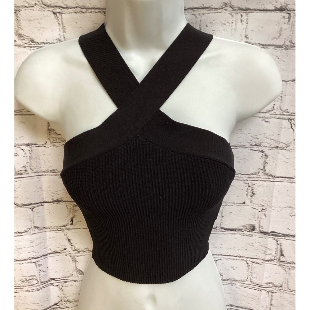 Babaton Aritzia Sculpt Knit Criss Cross Halter Crop Top Black Small